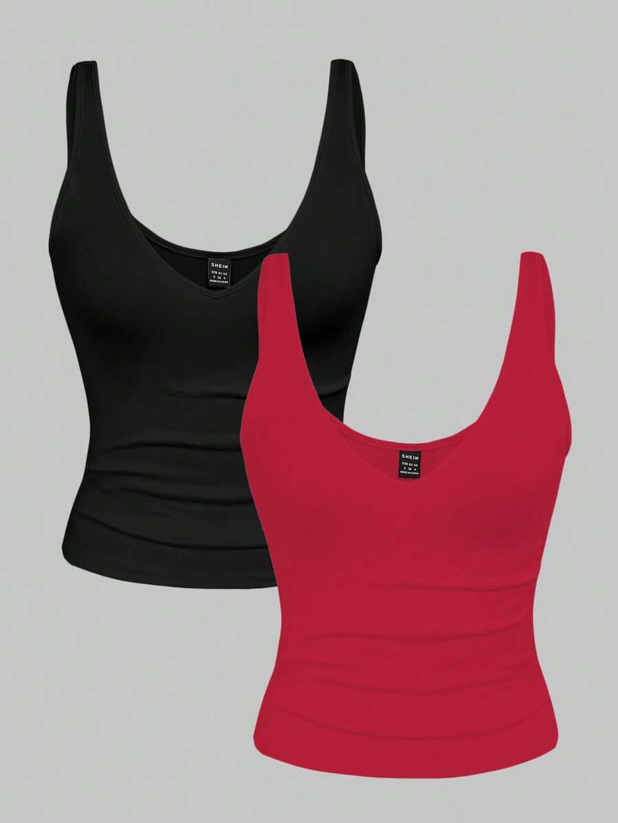 INAWLY 2 件套女士短款豹纹纯色 V 领修身背心套装，夏季 - 彩色 - 查看 1