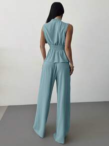 Firerie Conjunto casual de verano para mujer de 2 piezas - Top holgado de cuello en V sin mangas con cordón en la cintura y pantalones de pierna recta, versátil y elegante para uso diario - Azul - Ver 2