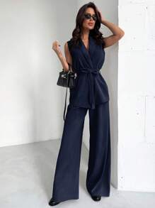 Firerie 女士优雅休闲通勤日常度假套装翻领腰带无袖宽松夹克衬衫高腰阔腿卡其裤套装，秋冬两件套办公室服装 - 藏蓝色 - 查看 2