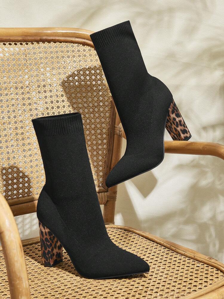 CUCCOO BASICS Pointed Toe Thick High Heel Slip-On Elastic Black Knitted Tight Fitted Sock Boots, Comfortable Sexy Leopard Pattern Elastic Ankle Boots For Women For Christmas Spring Shoes