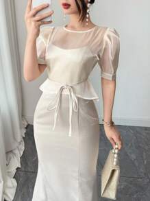 DAZY 2pcs Women Set: Patchwork Round Neck Blouse And Slip Dress