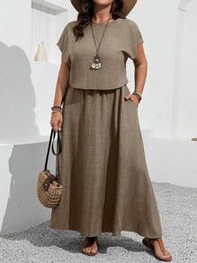 EMERY ROSE Plus Size 2pcs Set Solid Color Short Sleeve Top And Skirt - Coffee Brown - View 1