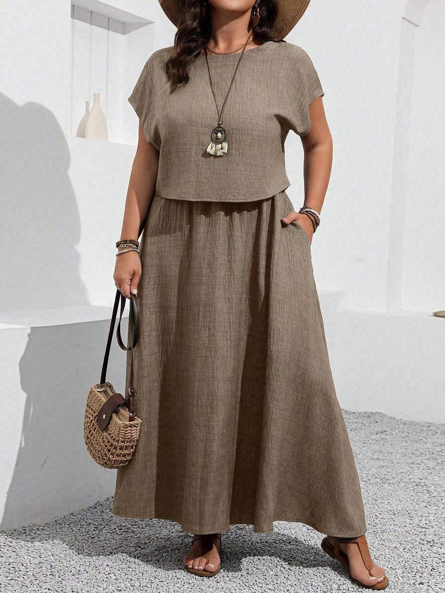 EMERY ROSE Plus Size 2pcs Set Solid Color Short Sleeve Top And Skirt - Coffee Brown - View 1