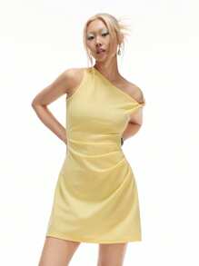 LYSMO 2025年新款夏季女式单肩打结腰褶饰迷你连衣裙 - 黃色 - 查看 5