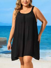 SHEIN Swim Curve Vestido/Pareo elástico negro de talla grande para mujer en la playa