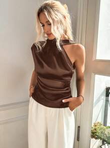 Firerie Blusa asimétrica sin mangas de unicolor elegante - Marrón Chocolate - Ver 4