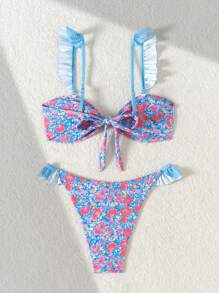 Swim Mod Women Summer Beach Vacation Removable Strap Ruffle Tied Front Crop Top And Ruffle Hem Tie Side Bikini Set - Multicolor - View 7