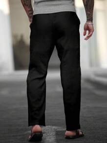 Manfinity Homme 男士纯色抽绳腰口袋休闲裤，百搭休闲裤，街头潮流，旅行，日常穿着，秋季 - 黑色 - 查看 2