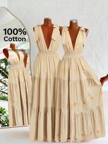 SHEIN Clasi Curve Plus Size 女式浪漫优雅日常休闲度假杏色蝴蝶结吊带 V 领腰部刺绣 A 字长裙