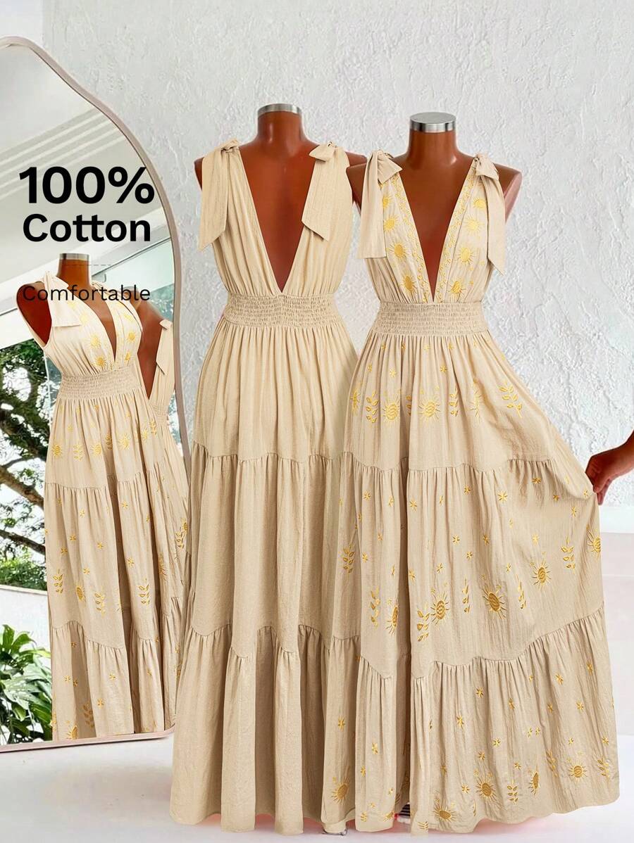 SHEIN Clasi Curve Plus Size 女式浪漫优雅日常休闲度假杏色蝴蝶结吊带 V 领腰部刺绣 A 字长裙