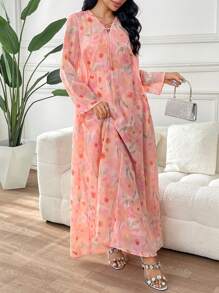 Yasmyna 女士花卉印花系带长袖优雅阿拉伯连衣裙，朴素的卡夫坦 - 彩色 - 查看 2