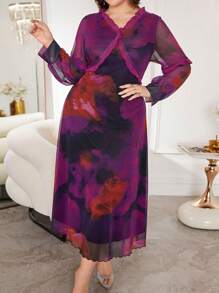 Modelyn Plus Size Elegant Vintage Romantic Tie-Dye Dress - Purple - View 3
