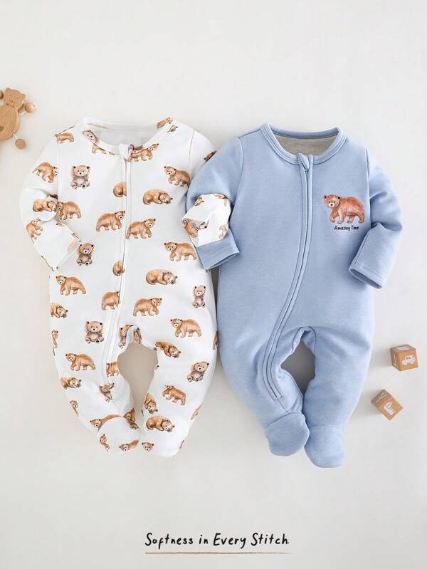 Cozy Pixies 2pcs Newborn Baby Boy Knitted Cartoon Bear Pattern Soft Round Neck Long Sleeve Romper & Pants Set