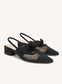CUCCOO CHICEST Black Polka Dot Mesh Bow Design Flats, Sexy Elegant Lady Style Breathable Low Heel Backless Slip On Shoes