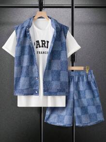 男士三件套：白色英文字母印花短袖 T 恤、梭织背心和短裤 - 休闲时尚简约百搭装，适合春夏季日常外出、休闲等场合 - 藍色 - 查看 3