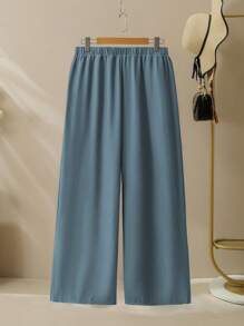 Lacomfia 2pcs/Set Plus Size Casual Printed Long Sleeve Loose Shirt And Elastic Waist Wide Leg Pants Set, Spring/Autumn - Dusty Blue - View 3