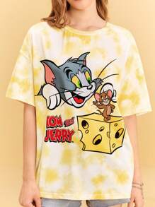 TOM & JERRY X SHEIN Women's Yellow Loose T-Shirt, Butter Yellow, Graphic Tees, Cheese, Cartoon Pattern, , Casual, Summer Outfits