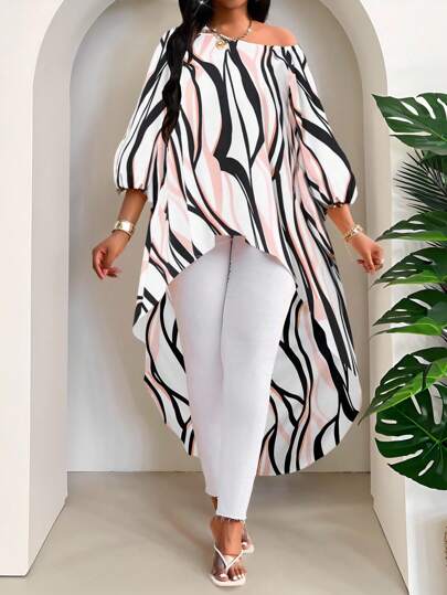 SHEIN Lady Spring And Summer Elegant Commuting Office Casual Boho Colorful Woven Round Neck High Low Quarter Sleeves Plus Size T-Shirts Plus Size Blouses Woman Casual Casual Women Women Summer Outfits For Women For Women Vacation Outfits Woman Beach Outfits For Woman Wedding Guest Dress Women Birthday Dresses For Women Cheetah Print Business Casual Woman Birthday Outfits For Women 4th Of July Women