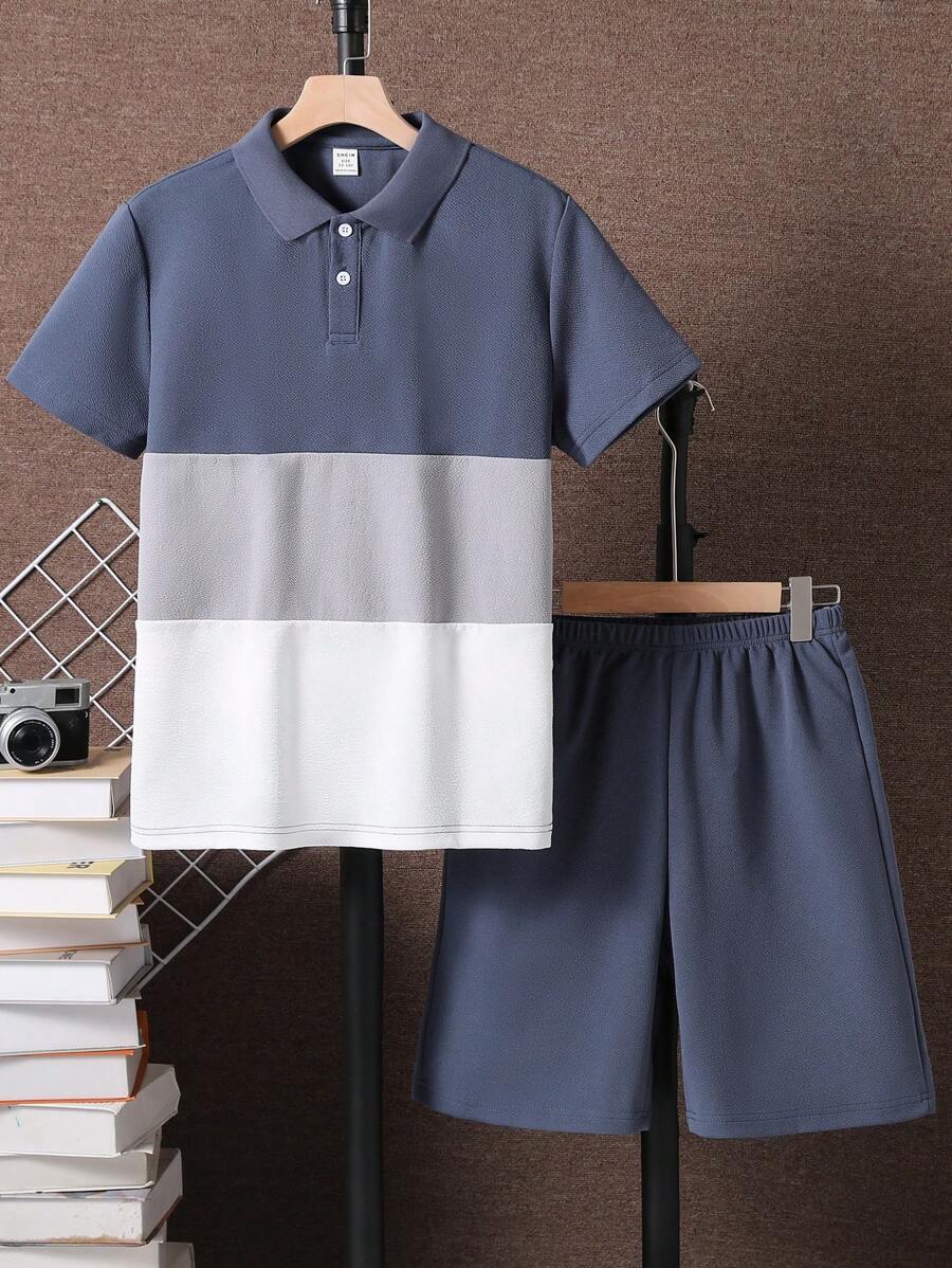 SHEIN Tween Boy Colorblock Polo Shirt & Shorts, School, Campus, College Summer Holiday