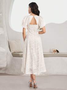 Modelyn Women Jacquard Flare Sleeve Square Neck Knee-Length Elegant White Dress,Summer Casual Work Birthday Clothes For Tea Party - White - View 2
