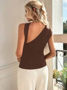 Firerie Blusa asimétrica sin mangas de unicolor elegante - Marrón Chocolate - Ver 2