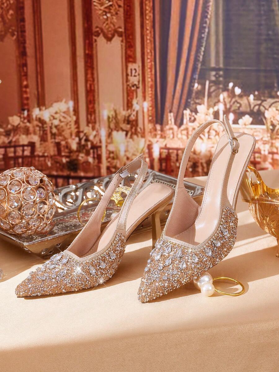 CUCCOO TILAWA Pointed Toe Stiletto High Heel Rhinestone Decor Backless Wedding Party Champagne Pumps - Champagne - View 1