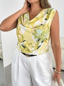 SHEIN Essnce 大码女士春夏时尚优雅宽松舒适凉爽日常百搭无袖领黄色印花衬衫，女式衬衫，简约风格，办公室装，职业女装，商务休闲女装，工作上衣，可爱上衣，女士早午餐装，欧洲夏季，奶油黄色上衣