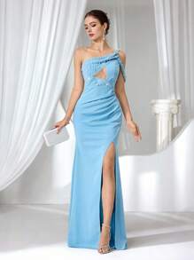 Coutiva Vestido de noche elegante de mujer con cuello asimétrico con cuentas, recorte hueco y abertura alta, vestido formal para fiestas y eventos, apto para invitada de boda - Azul - Ver 12