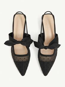 CUCCOO CHICEST Black Polka Dot Mesh Bow Design Flats, Sexy Elegant Lady Style Breathable Low Heel Backless Slip On Shoes