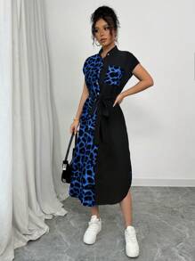 SHEIN Unity 女士休闲优雅商务休闲度假旅行老款豹纹前扣衬衫腰带蝴蝶结口袋侧开衩通勤家居撞色面料2025夏季新款短袖长裙 - 藍色 - 查看 6