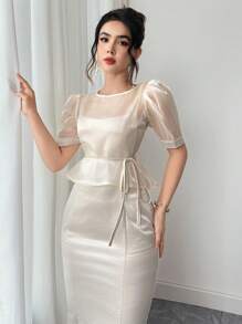 DAZY 2pcs Women Set: Patchwork Round Neck Blouse And Slip Dress