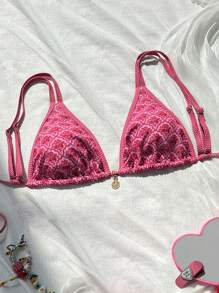 SHEIN 1pc Women Sexy Random Flower Double Strap Metallic Disc Pendant Swimsuit Top, Pink Bikini Top, Vacation For Summer - Hot Pink - View 1