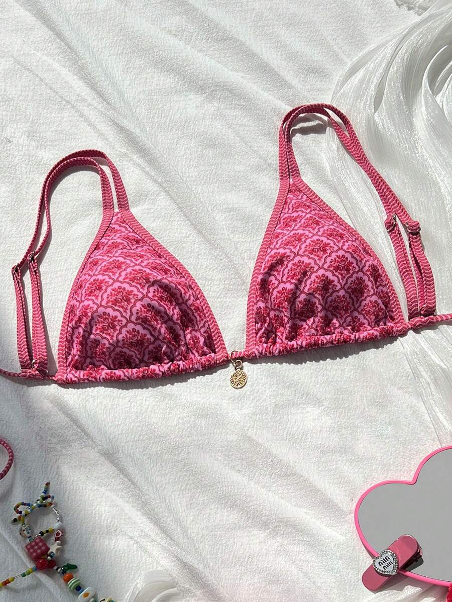 SHEIN 1pc Women Sexy Random Flower Double Strap Metallic Disc Pendant Swimsuit Top, Pink Bikini Top, Vacation For Summer - Hot Pink - View 1