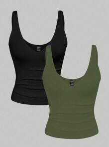 2 件套：女士加大码豹纹纯色 V 领短款上衣，夏季 - 彩色 - 查看 1