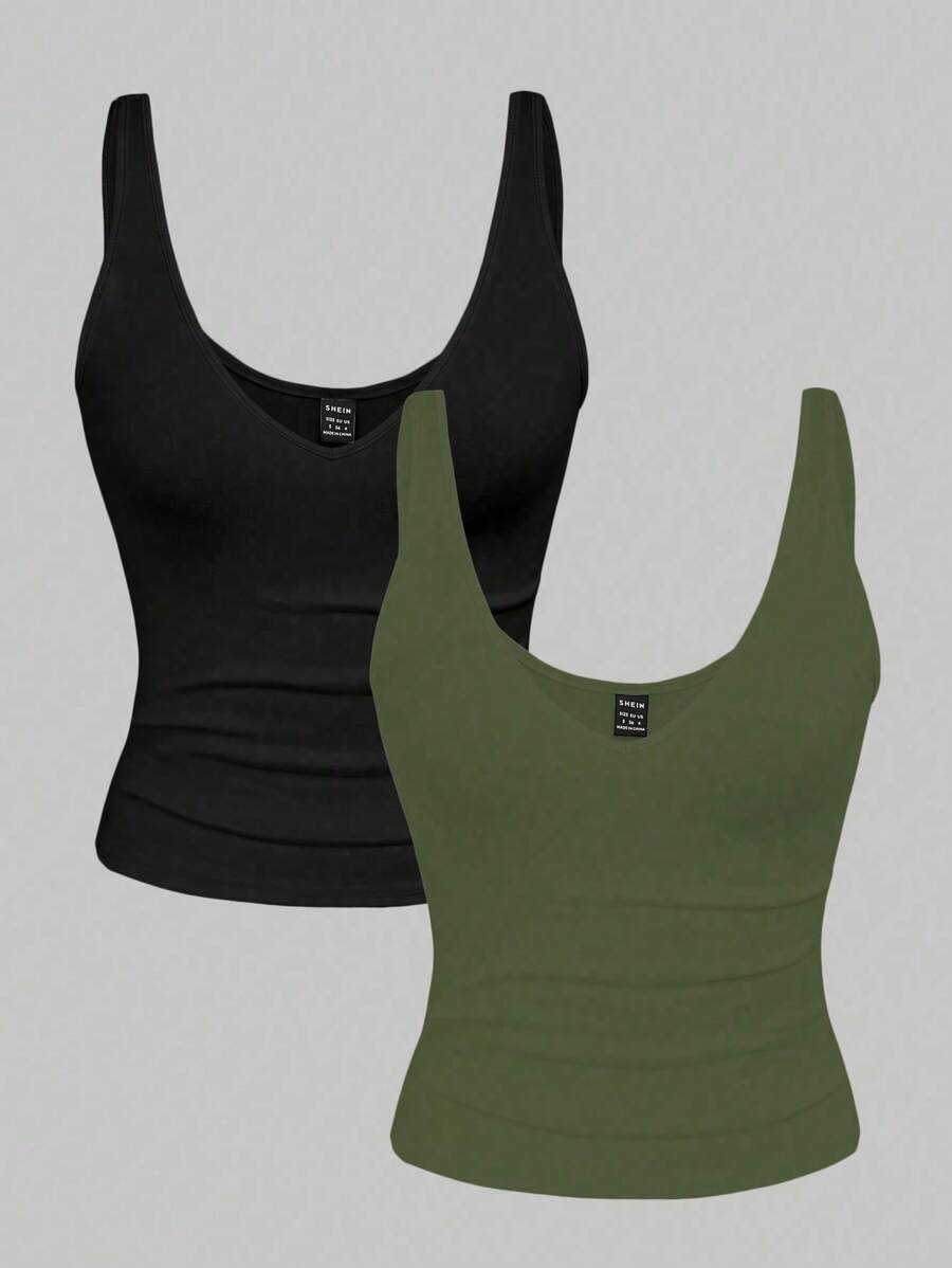 2 件套：女士加大码豹纹纯色 V 领短款上衣，夏季 - 彩色 - 查看 1