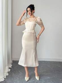 DAZY 2pcs Women Set: Patchwork Round Neck Blouse And Slip Dress