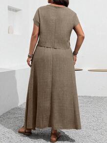 EMERY ROSE Plus Size 2pcs Set Solid Color Short Sleeve Top And Skirt - Coffee Brown - View 2