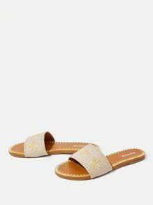 Styleloop Apricot Linen Embroidered Floral Round Toe Comfortable Flat Sandals, Bohemian Style, Suitable For Music Festivals, Parties And Casual Wear Vacation Outfits Travel Essentials - Apricot - View 5