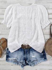 Linhara Plus Size Floral Embroidered Puff Sleeve Casual Blouse - White - View 2