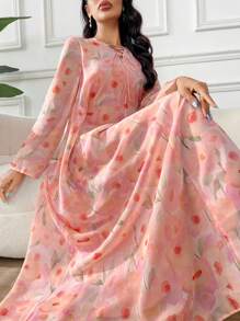 Yasmyna 女士花卉印花系带长袖优雅阿拉伯连衣裙，朴素的卡夫坦 - 彩色 - 查看 1