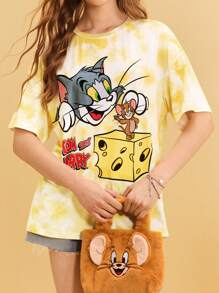 TOM & JERRY X SHEIN Women's Yellow Loose T-Shirt, Butter Yellow, Graphic Tees, Cheese, Cartoon Pattern, , Casual, Summer Outfits