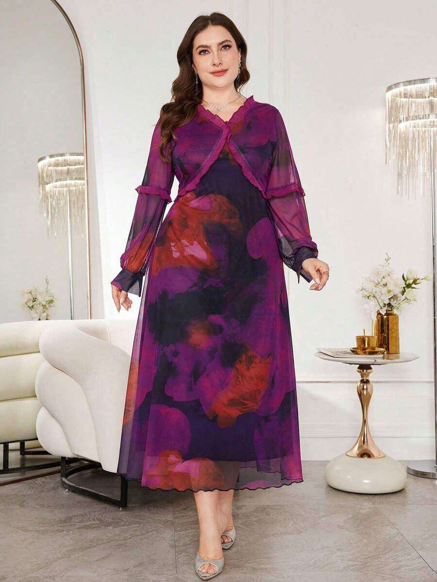 Modelyn Plus Size Elegant Vintage Romantic Tie-Dye Dress - Purple - View 1