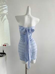 Sweetra Casual Knitted Ruffle Trim Bodycon Mini Dress With Open Back Tie-Up Detail, Light Blue, Spring/Summer