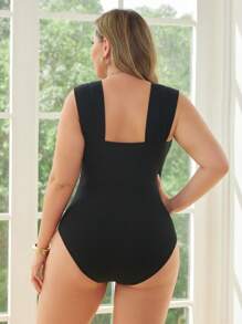 Swim Lushoire 加大码女式纯色可调节肩带褶皱前开式连体泳衣，修身塑身海滩泳池泳装