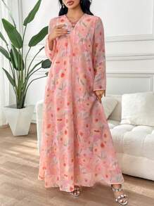 Yasmyna 女士花卉印花系带长袖优雅阿拉伯连衣裙，朴素的卡夫坦 - 彩色 - 查看 6