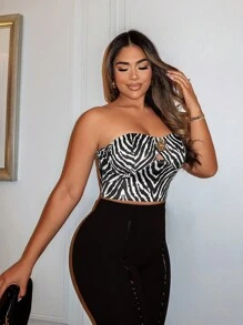 SHEIN LUNE Women's Fashion Random Print Bandeau Top, Summer - Black and White - View 4