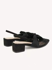 CUCCOO CHICEST Black Polka Dot Mesh Bow Design Flats, Sexy Elegant Lady Style Breathable Low Heel Backless Slip On Shoes