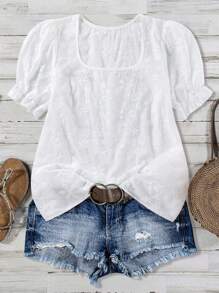 Linhara Plus Size Floral Embroidered Puff Sleeve Casual Blouse - White - View 1