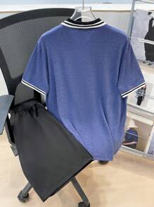 SHEIN 2件套青少年男童休闲舒适撞色 Polo 衫和短裤套装