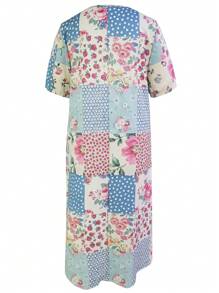 Plus Size Floral Print Patchwork Casual Vacation Dress - Multicolor - View 2
